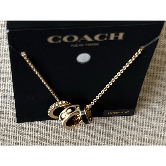 Coach Multi-Ring Pendant Necklace Gold Cream Black Enamel Crystal NWT 16”+2” - Picture 4 of 10